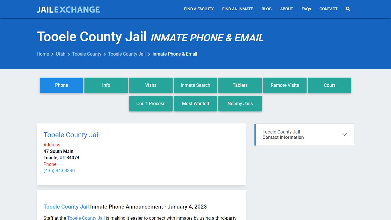 Inmate Phone - Tooele County Jail, UT - Jail Exchange